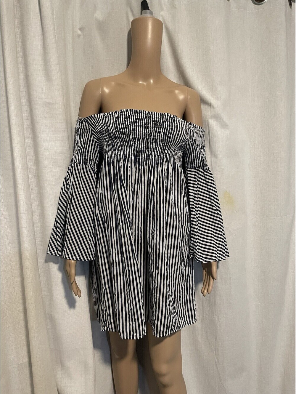 Lumina Blue & White Crepe M Off-the-Shoulder Mini Dress Bell Sleeves Smocked